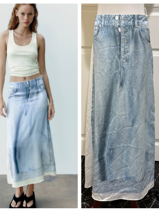 Dresses & Skirts - Zara trompe l'oeil denim silk skirt - printed denim
